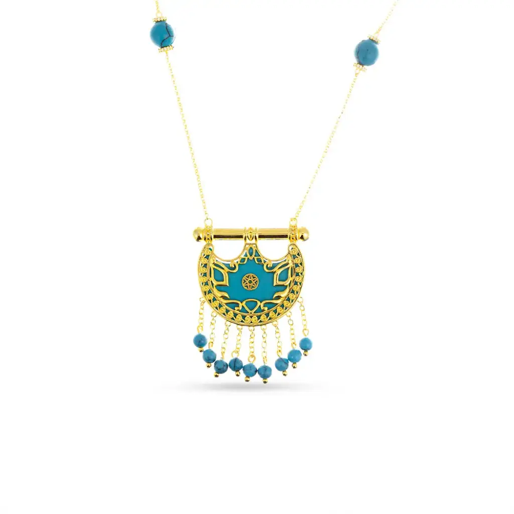 Kahila's Gold - Plated Silver Necklace with Turquoise Stone and Drops - Small (KC90)
