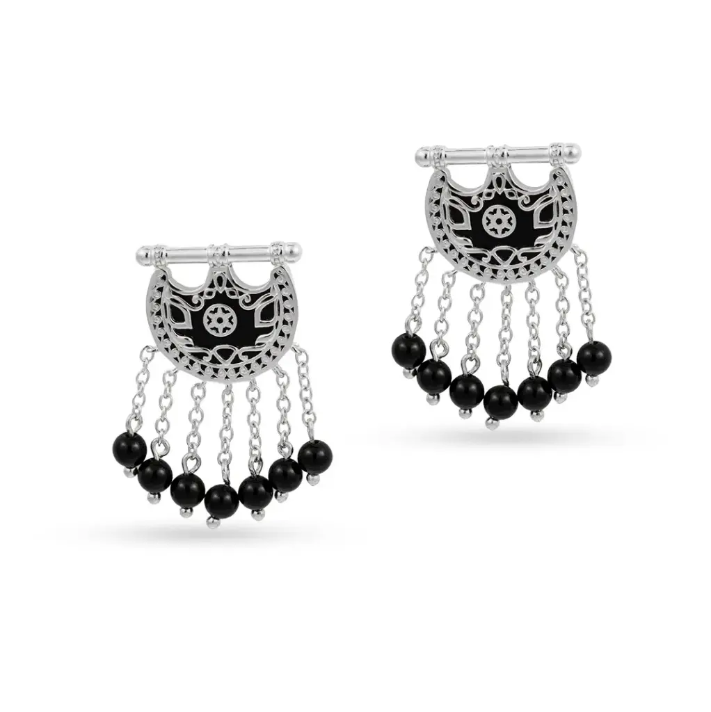 Kahila's Silver Earring with Black Onyx Stone and Drop (KC109)