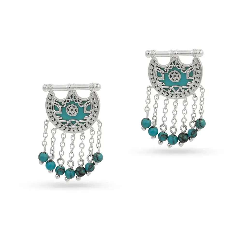 Kahila's Silver Earring with Turquoise Stone and Drops (KC79)