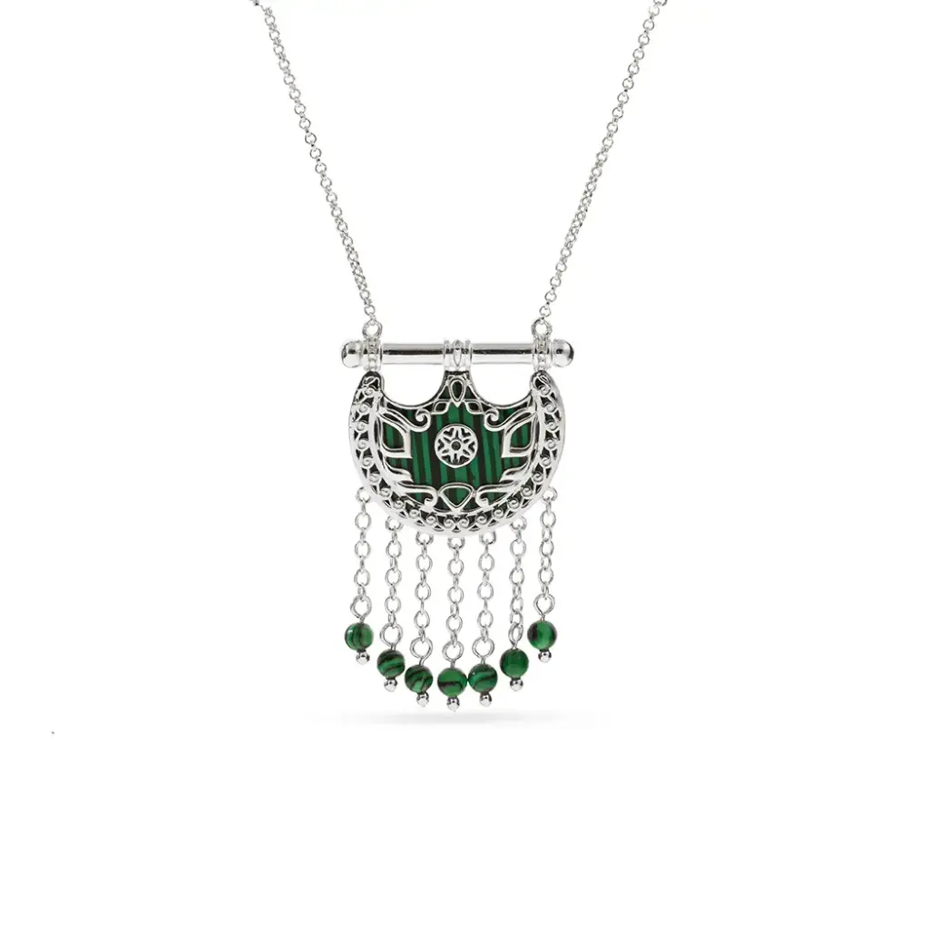 Kahilah's Silver Necklace with Malachite stone and drops-small (KC35)
