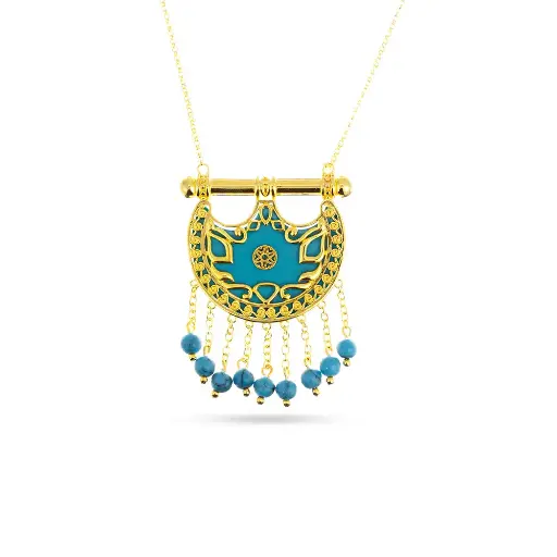 [H04013] Kahila's Gold - Plated Silver Necklace with Turquoise Stone and Drops - Large (KC93)
