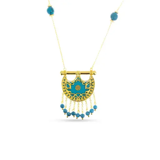 [H04010] Kahila's Gold - Plated Silver Necklace with Turquoise Stone and Drops - Small (KC90)
