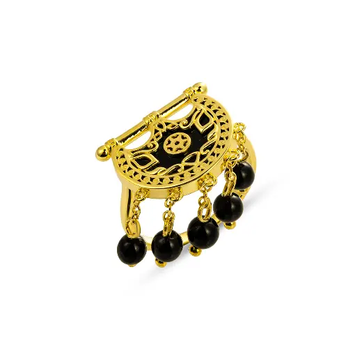 Kahila's Gold - Plated Silver Ring with Black Onyx Stone and Drop (KC116)