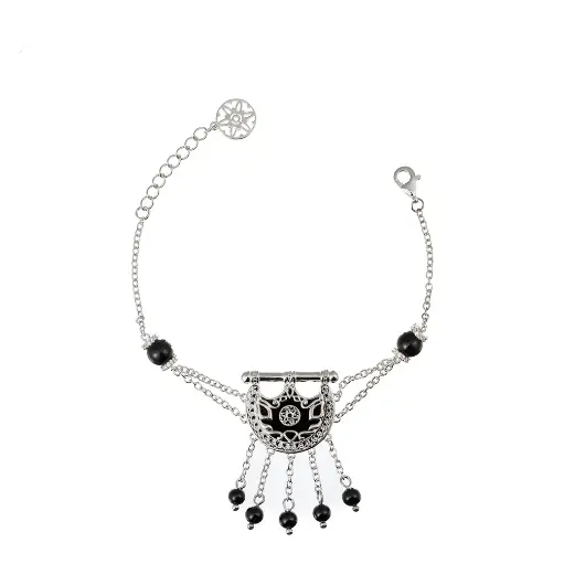 [H04033] Kahila's Silver Bracelet with Black Onyx Stone and Drops (KC100)