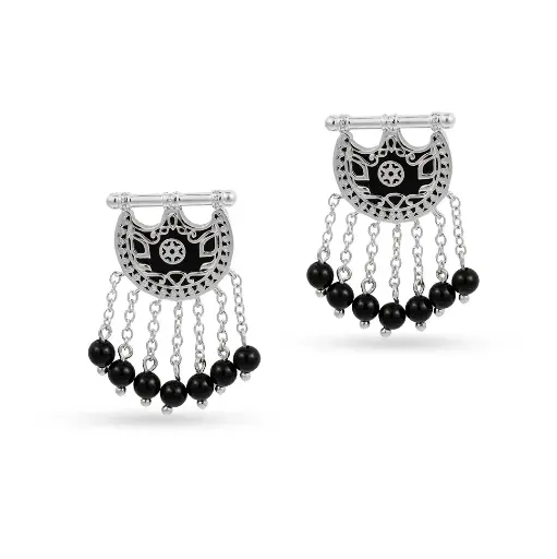 [H04042] Kahila's Silver Earring with Black Onyx Stone and Drop (KC109)