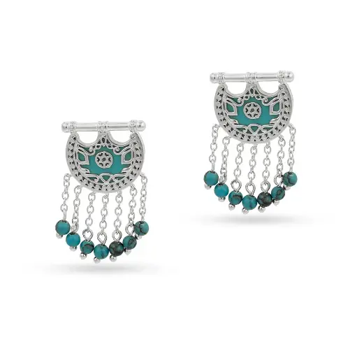 [H03986] Kahila's Silver Earring with Turquoise Stone and Drops (KC79)