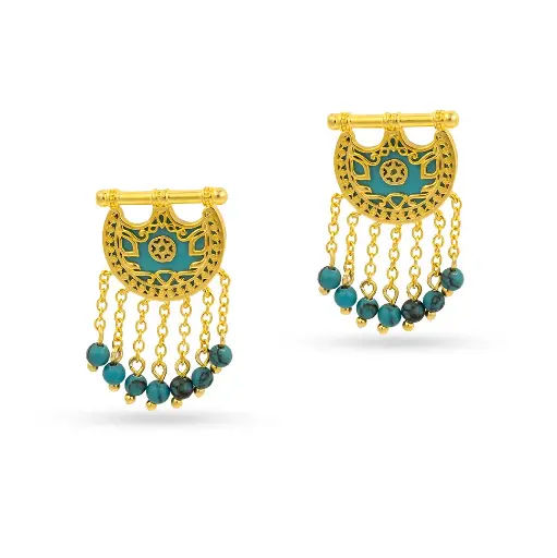 [H04007] Kahilah's Gold-Plated Silver Earring with Turquoise Stone and Drops (KC88)