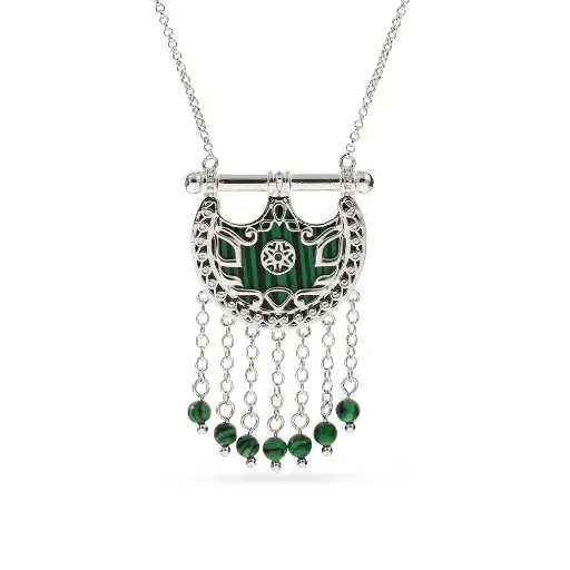 [p8216] Kahilah's Silver Necklace with Malachite stone and drops  (KC29)
