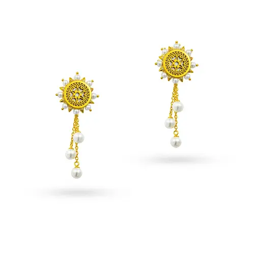 [p3044] Spiky's Gold-Plated Silver Earring with Pearl and Drops