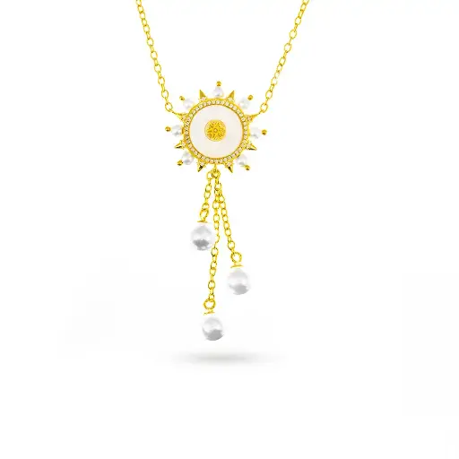 [p0080] Spiky's Gold-Plated Silver Necklace with Pearl and Drops